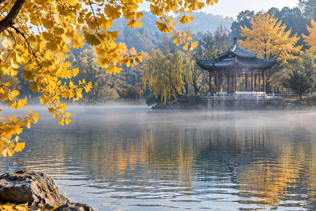 A stone pavilion across a lake framed by golden ginkgo leaves in autumn