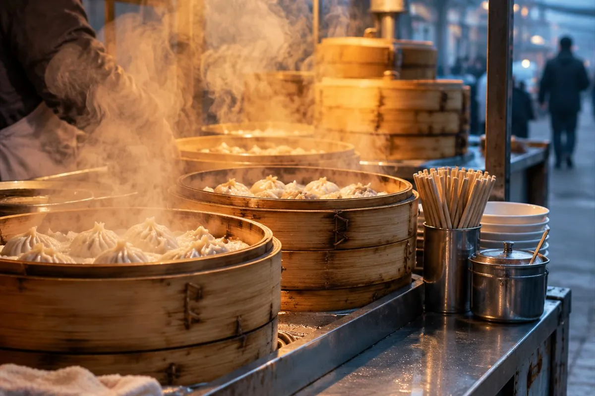 Steaming bamboo baskets of dumplings at an early morning street stall