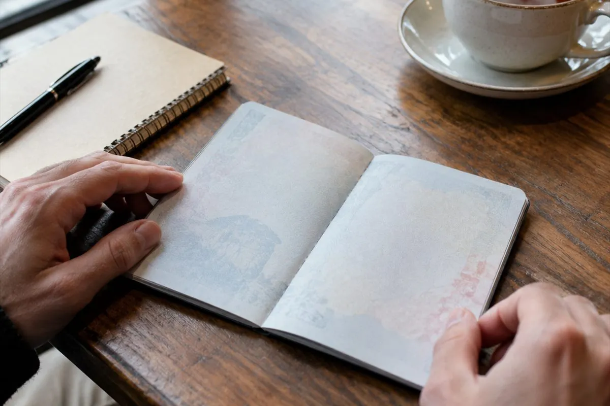 An open passport and notebook on a cafe table while planning a trip
