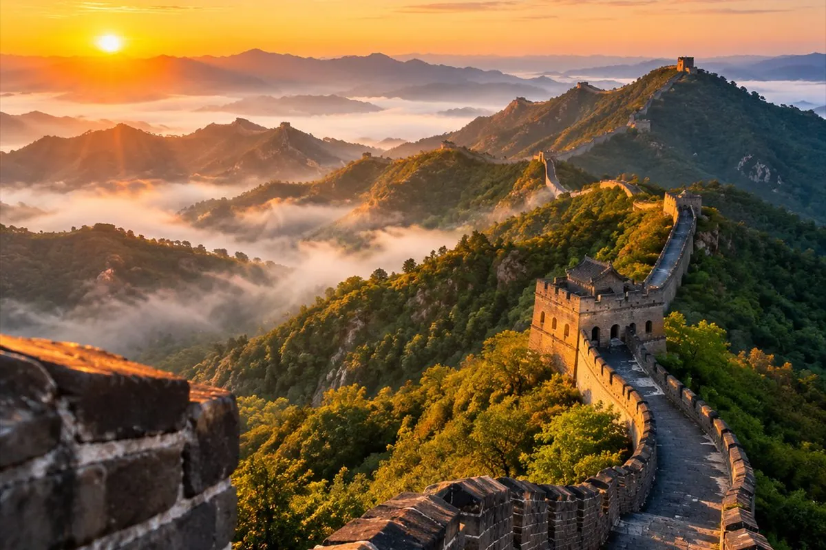 The Great Wall following a forested ridge above morning mist